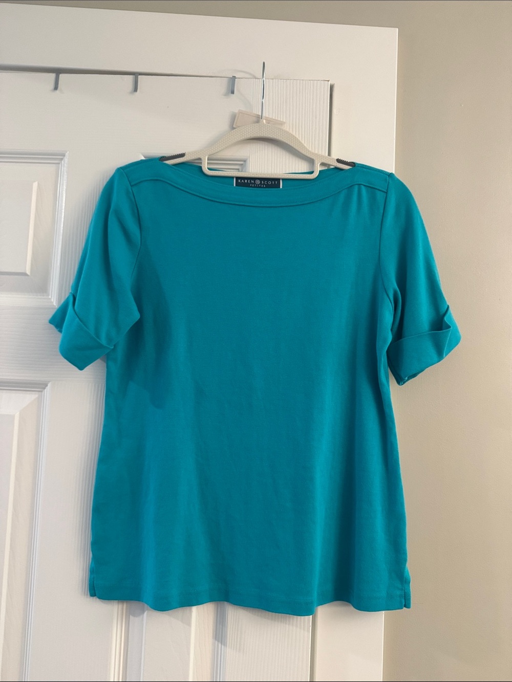 Karen Scott Teal Short-Sleeve Boatneck Top with Folded Cuffs